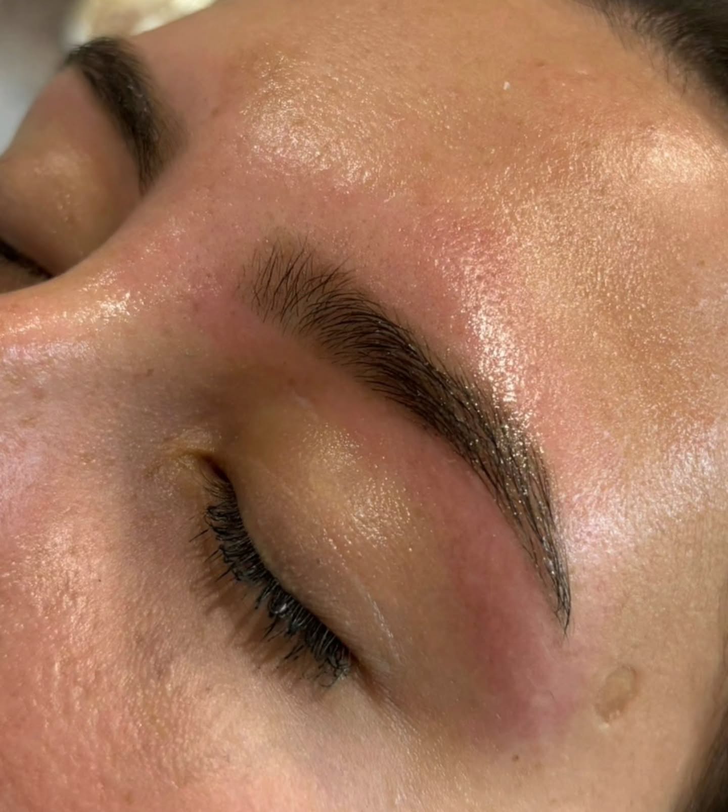 A freshly shaped and tinted eyebrow
